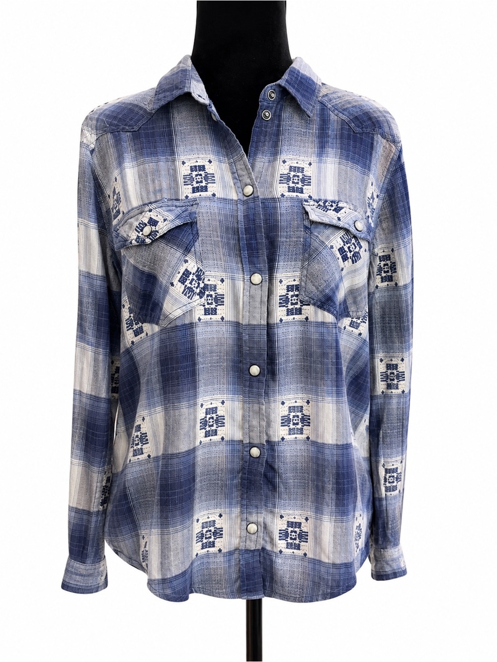American Eagle Boyfriend Fit Western Plaid Snap Shirt Blue Southwestern M